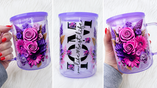 Purple Floral “Mom Life” Glass Mug