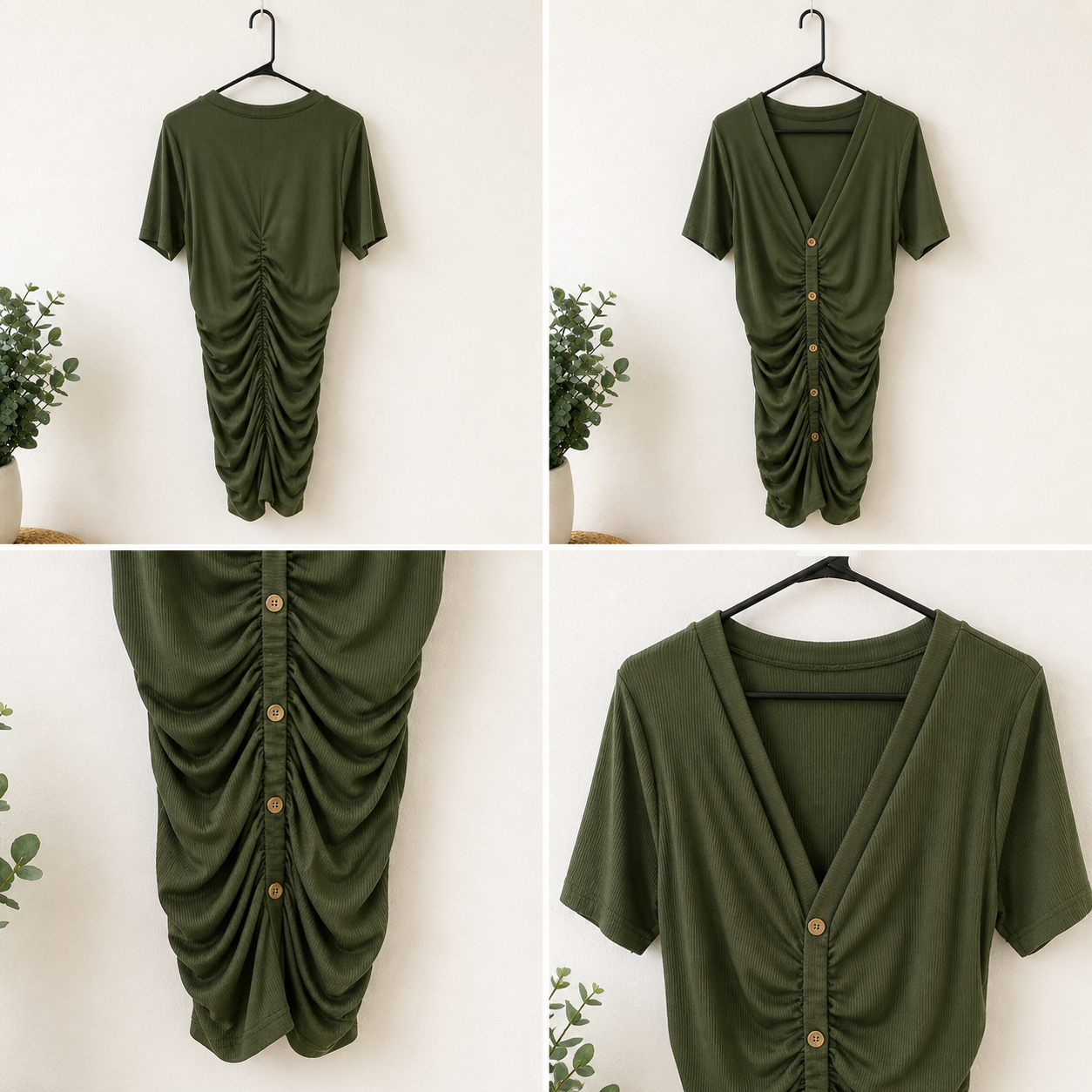 Olive Green Ruched Button Front Mini Dress