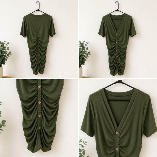 Olive Green Ruched Button Front Mini Dress